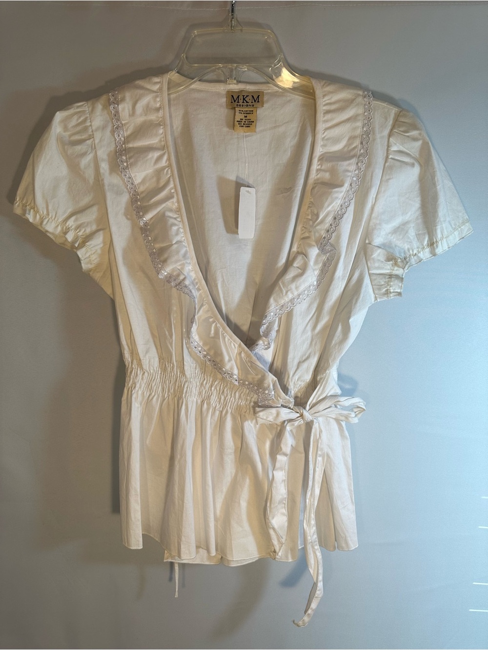 MKM Designs Women Size M Blouse Top Wrap Lace Tie Front Cotton Cottagecore NWT